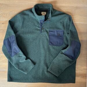LL Bean Allagash Textured Fleece Henley Sweater Elbow Patch Green Mens Size XL